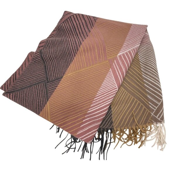 Joy Susan Scarf Geometric Striped Polyester Fringe Cozy Shawl Long Pink Tan - Picture 2 of 5